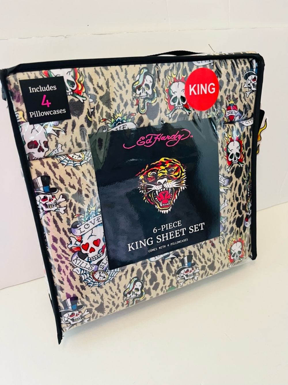 Ed Hardy 6 Piece King Size Sheet Set Love Kills Slowly Leopard Print Skulls